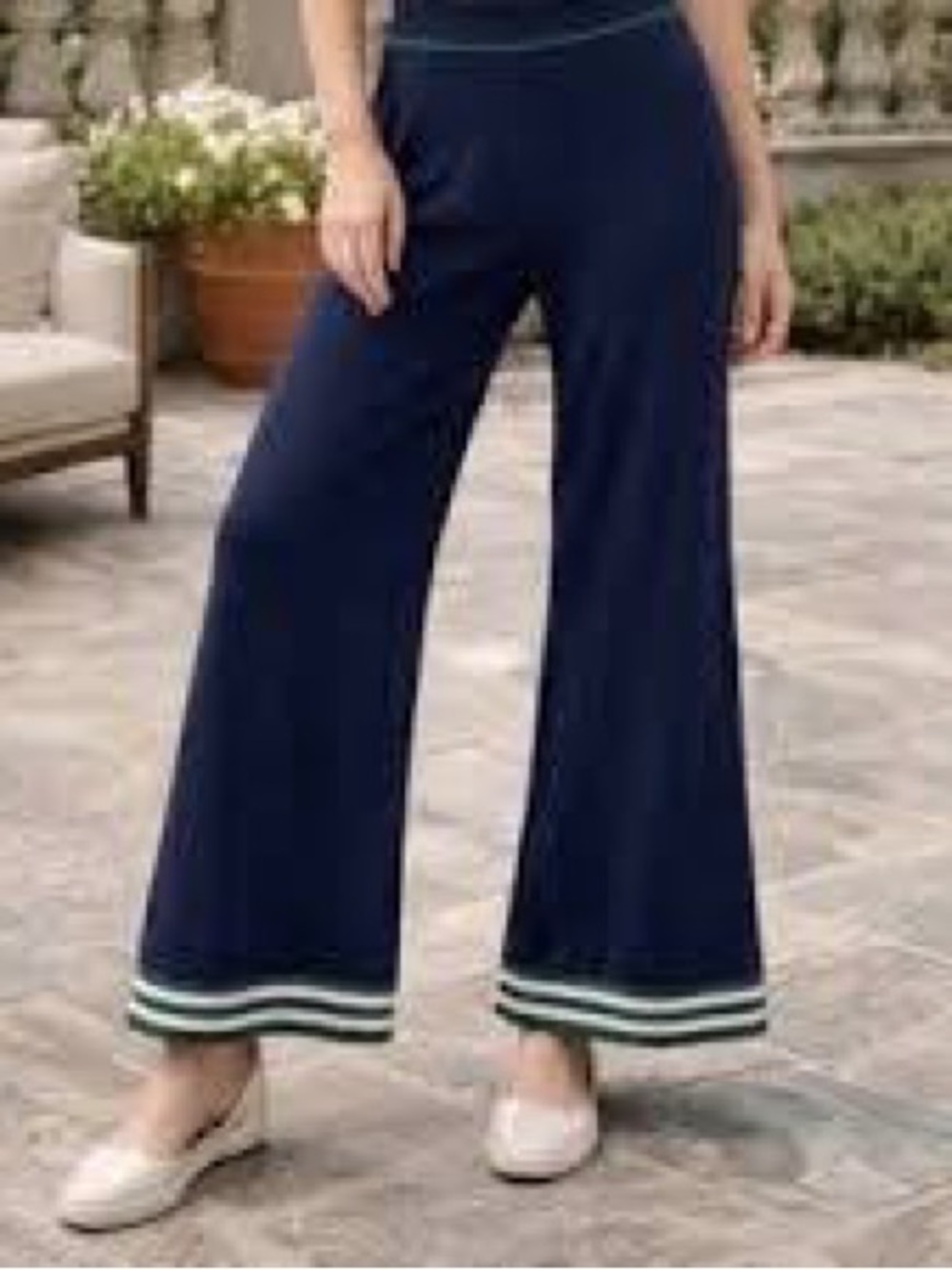 Caroline Constas Navy Blue Knit Wide Leg Lounge Pants Stripe Track Luxury M